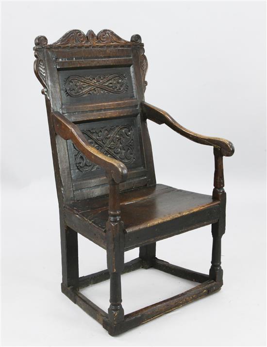A 17th century oak Wainscot chair, W.1ft 11in. H.3ft 8in.